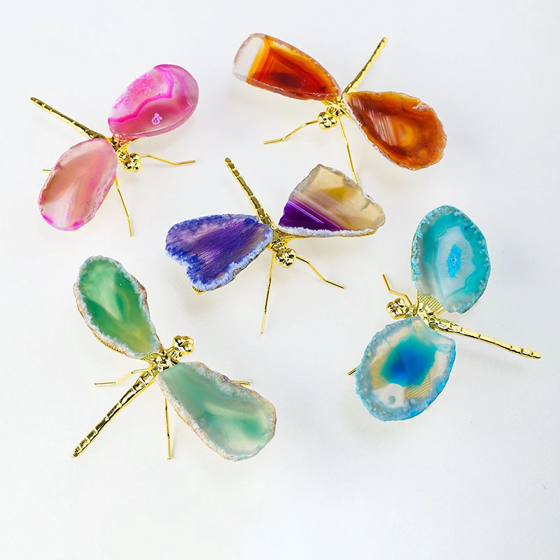 1pc Natural Crystal Colourful Agate Slice Dragonfly Handicrafts Copper Alloy Accessories Children's Day Gifts Home Decoration