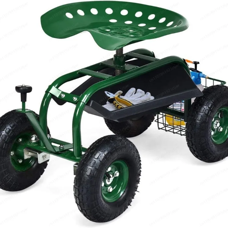 Steerable Mobile Garden Seat with Wheels, Greenhouse Vegetable Gardening Lazy Stool, Portable Watering Aid Chair