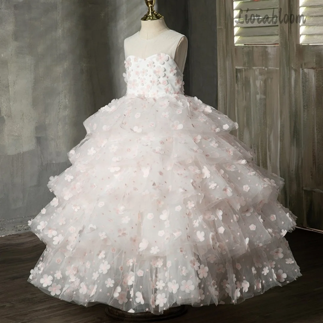 Abito da Cerimonia Rosa Crema per Adolescenti, Stile Sirena con Top e Gonna in Tulle, Petali 3D Scintillanti e Vita con Strass, Vestito da Sera Formale