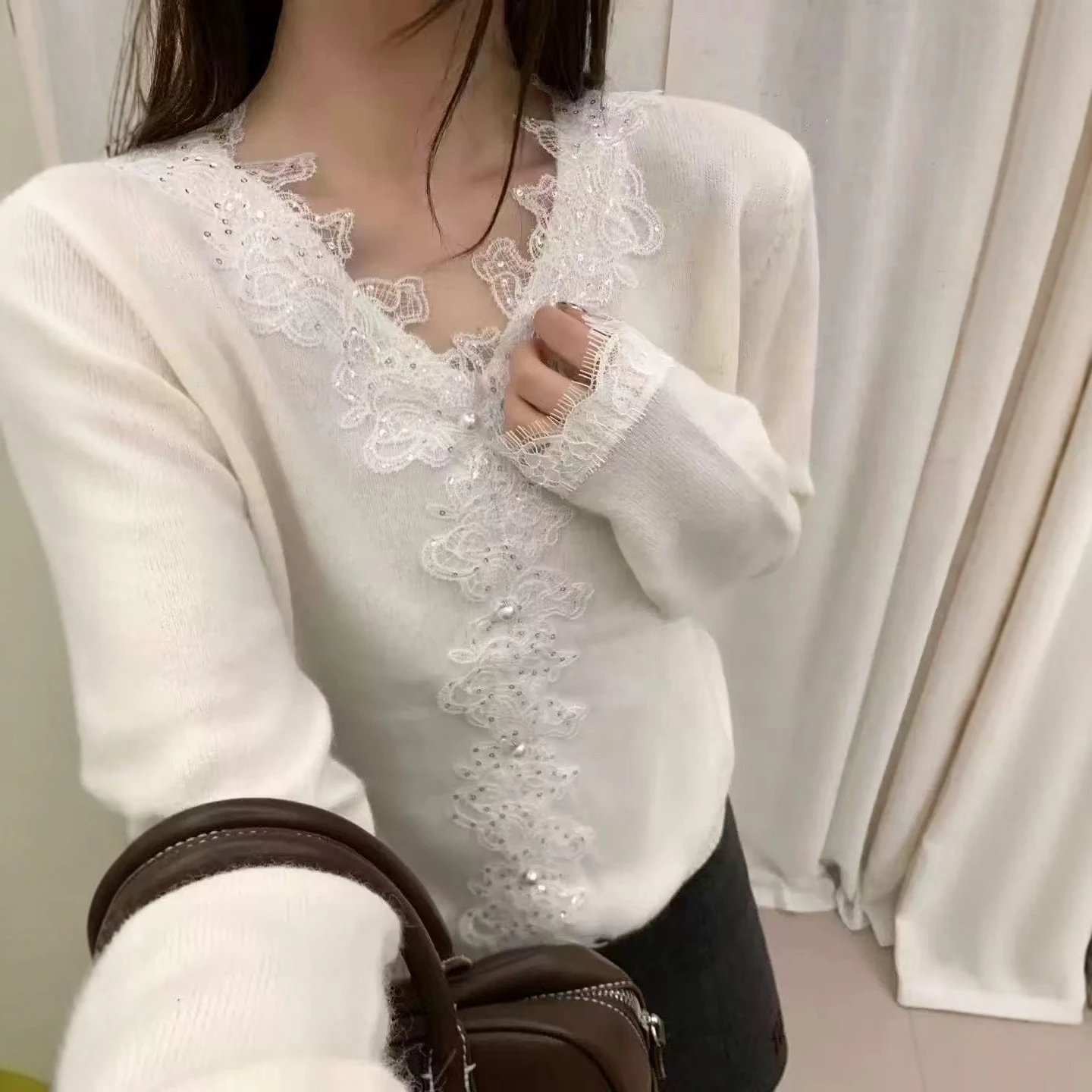 

Уникальный дизайн, кружевная отделка, длинный вязаный свитер V-ne, женский осенний топ Pure Desire с цветочным узором