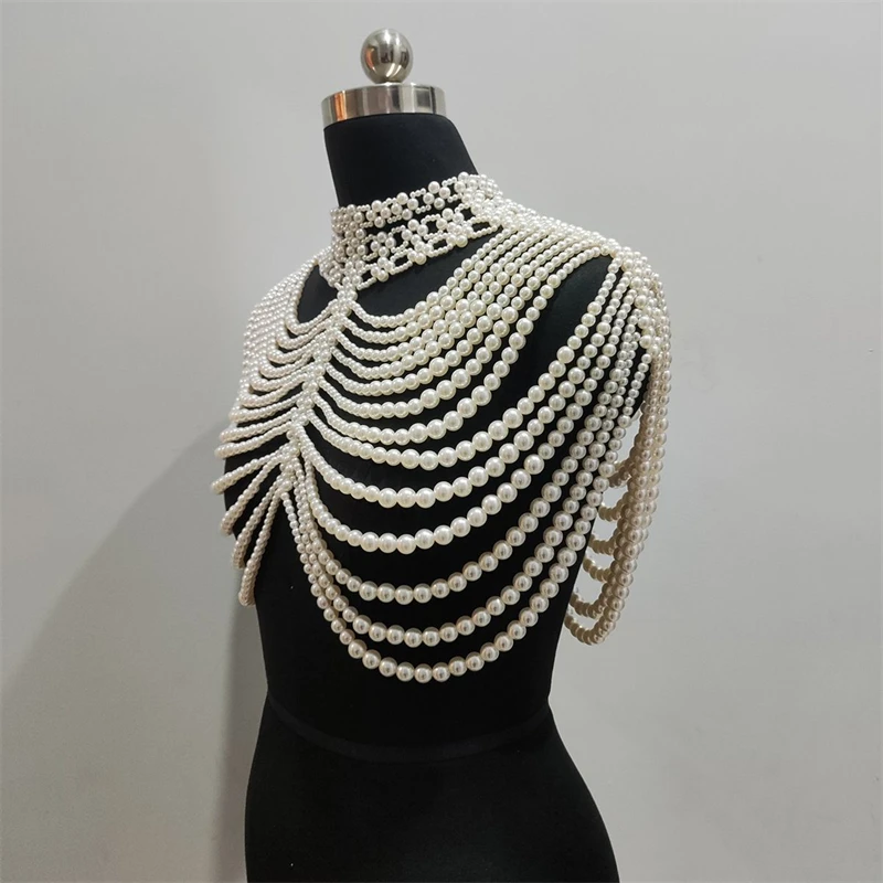 Luxuriöse Mehrschichtige Perlen-Körperkette Schal Perlenbesetzte Schulterkette Braut Hochzeit Körperschmuck Elegantes Party-Abend-Accessoire – Detail 1