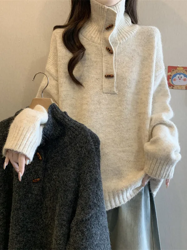 

Свободный свитер с высоким воротником на пуговицах для женщин, ранняя весна 2026, универсальный, удобный, вязаный топ, теплый, плотный, с длинным рукавом