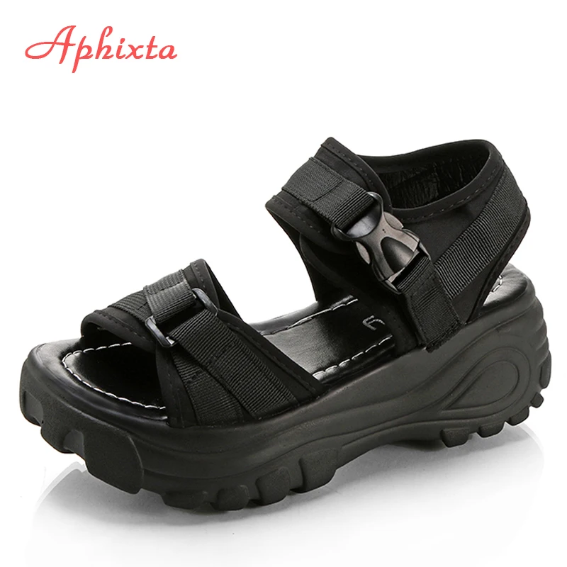 Aphixta 6cm/2.36 inch Summer Platform Buckle Sandals Women Height Increasing Thick Bottom Canvas Women Shoes Slides