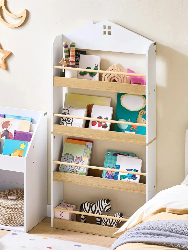 SoBuy KMB121-WN Bücherregal Kinder Aufbewahrungsregal mit 4 Ablagen für Bücher und Deko Kinderzimmer Möbel WeißNatur 60x130x15