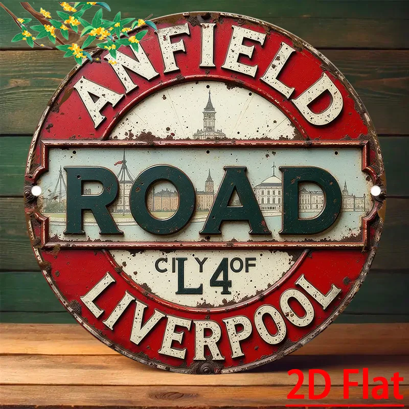 2D Flat - Retro Liverpool L4 Anfield Road Wall Sign - 80S And 90S Vintage Metal Art Decor, Suitable for Home, Bar, Garage, Cafe