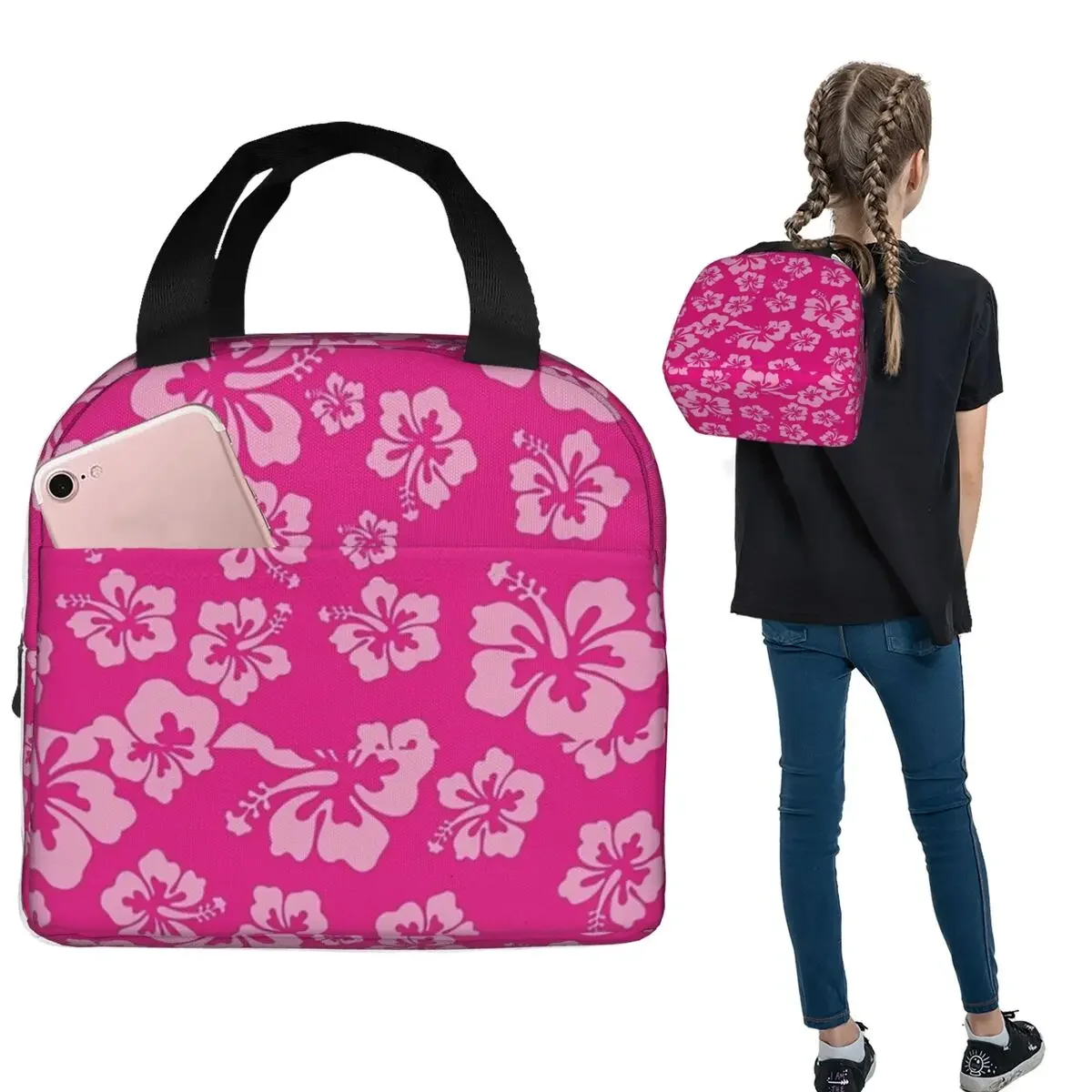 Tropical Hot Pink Hibiscus Flower Floral Pattern Hawaiian Print Insulated Lunch Bag for Women Kids Portable Food Boxes Thermal