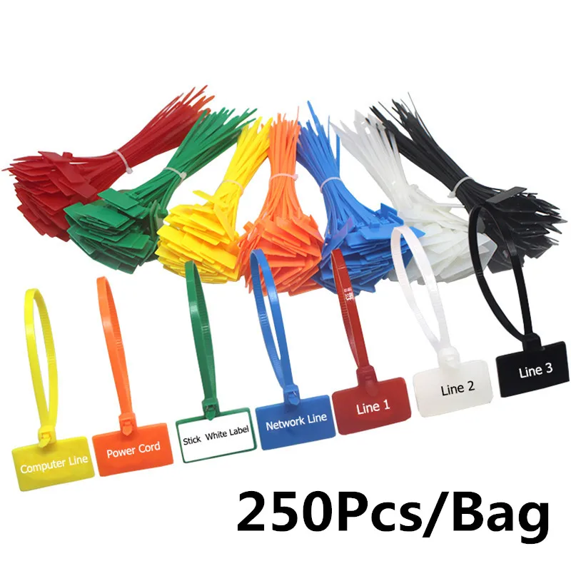 250pcs/bag Easy Mark 4*150mm Nylon Cable Ties Tag Labels Plastic Loop Ties Markers Cable Tag Self-locking Zip Ties with Stickers