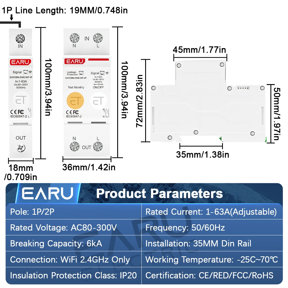 EARU EWeLink WiFi Smart MCB Circuit Breaker Current Voltage kWh Energy Meter Earth Leakage Protector Relay Switch Remote Control