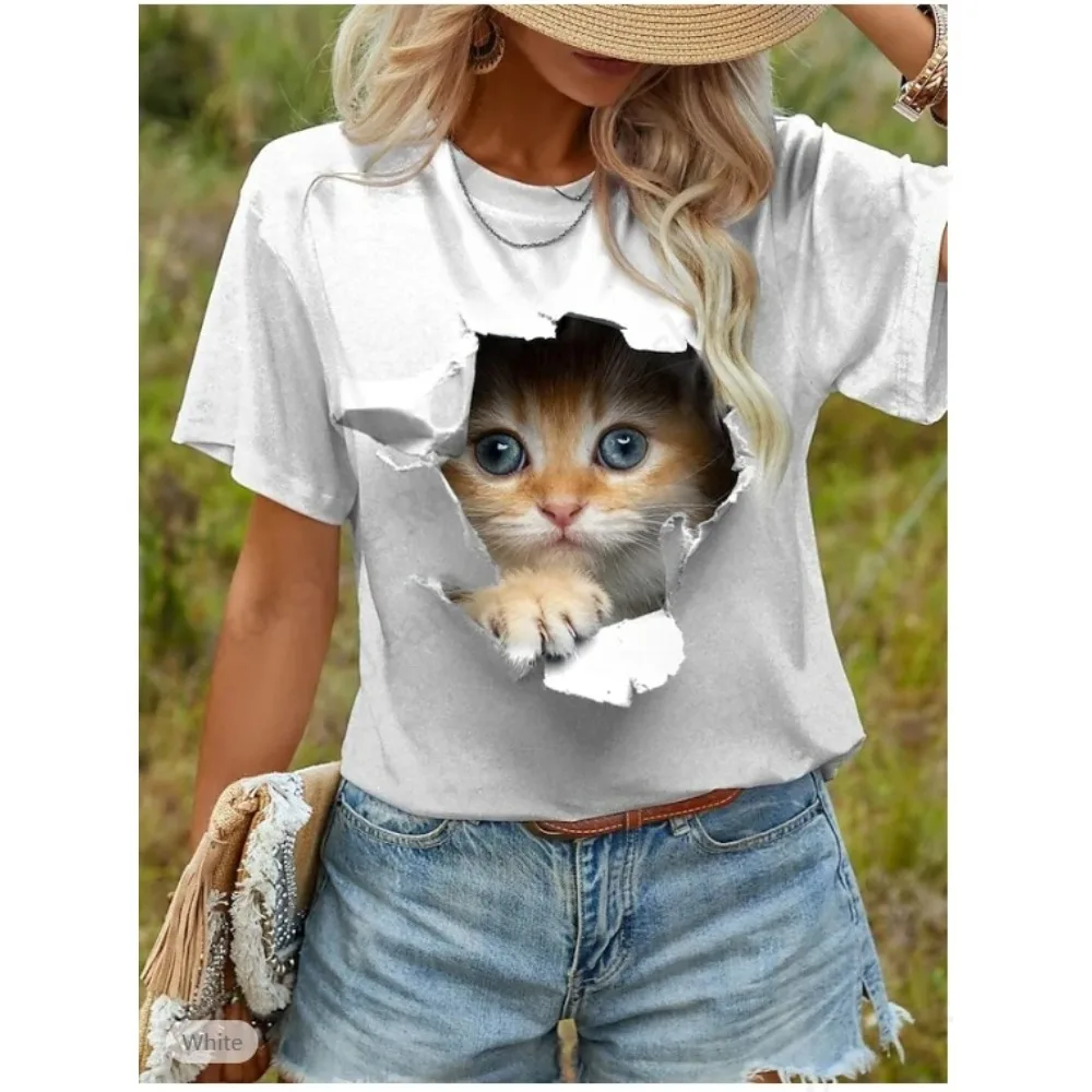 Kaos Grafis 3D Gambar Kucing Lucu Wanita Fashion Kasual O-Neck Oversized Lengan Pendek Kaos Hewan Atasan Desainer Pakaian