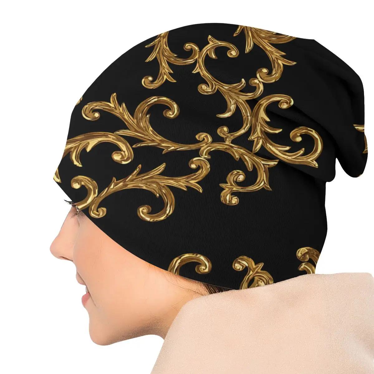 Bonnet Hats Golden Lion Damask Men Women\'s Thin Skullies Beanies Hat Black And Gold Damask Autumn Spring Warm Cap Hip Hop Caps