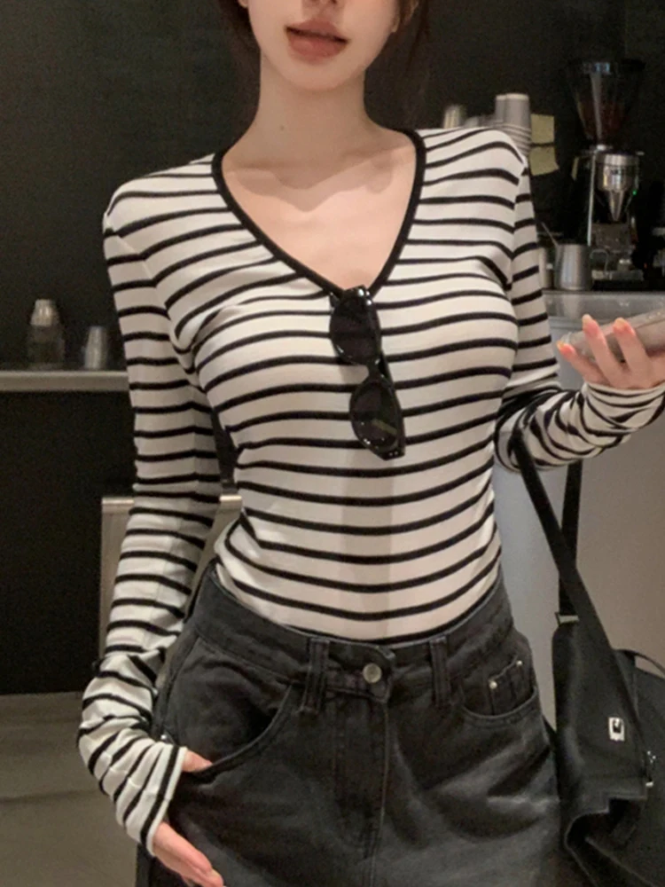 Clássico bla listras brancas longo sve camiseta feminina v-ne fino ajuste camada base superior coreano sle commute faion