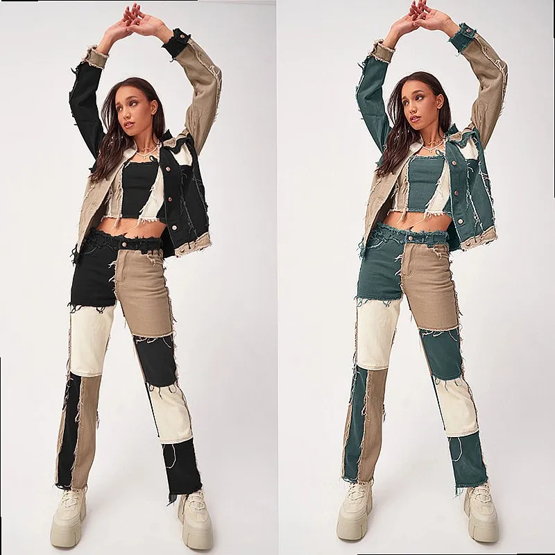 Summer High Waist Skinny Jeans Women Mixed Color Denim Pants Straight Leg Jeggings