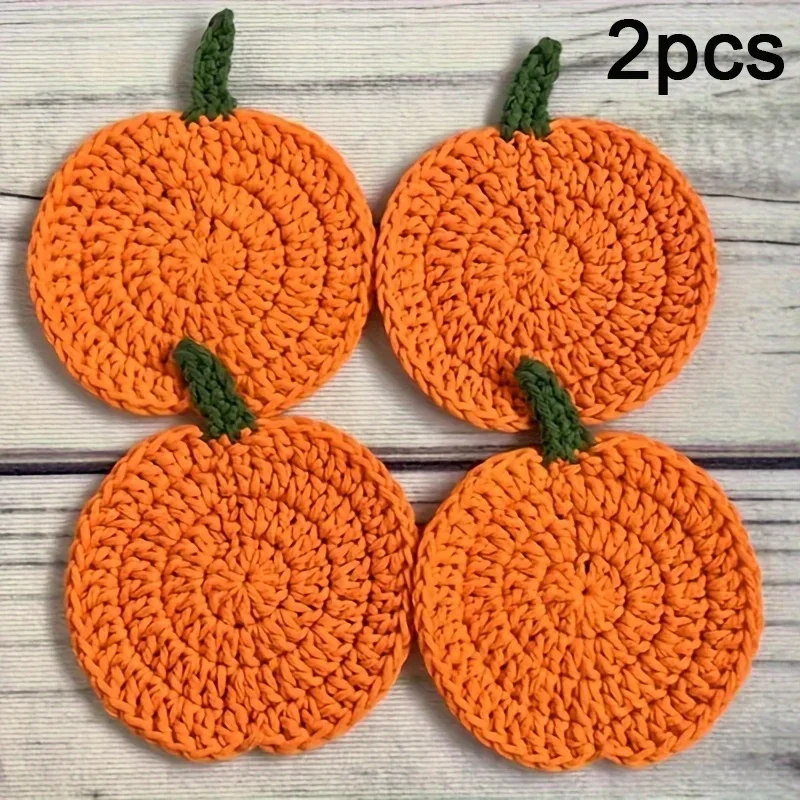 2PCS Crochet Coasters Featuring Fall Pumpkins,for Halloween And Thanksgiving Themed Parties.Autumn Harvest Home Table Decoration