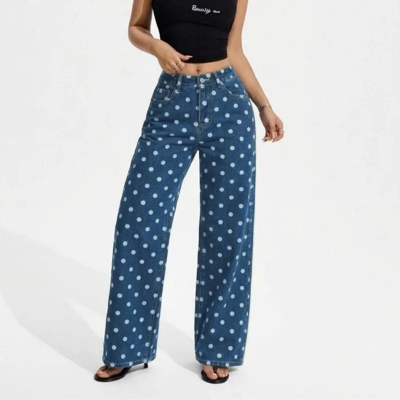 Women European American Blue Polka Dot Jeans Non Stretch Wide Leg Denim Pants Loose Casual Streetwear Long Trousers For Ladies