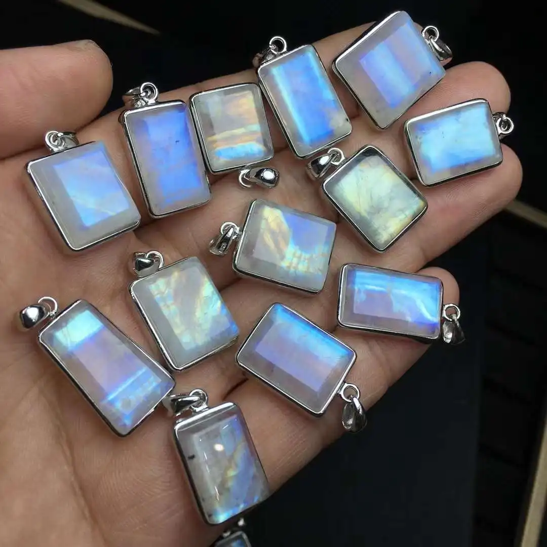 Natural High Quality Indian Blue Moonstone Pendant 925 Sterling Silver Rectangle Square Pendant Jewelry Gift