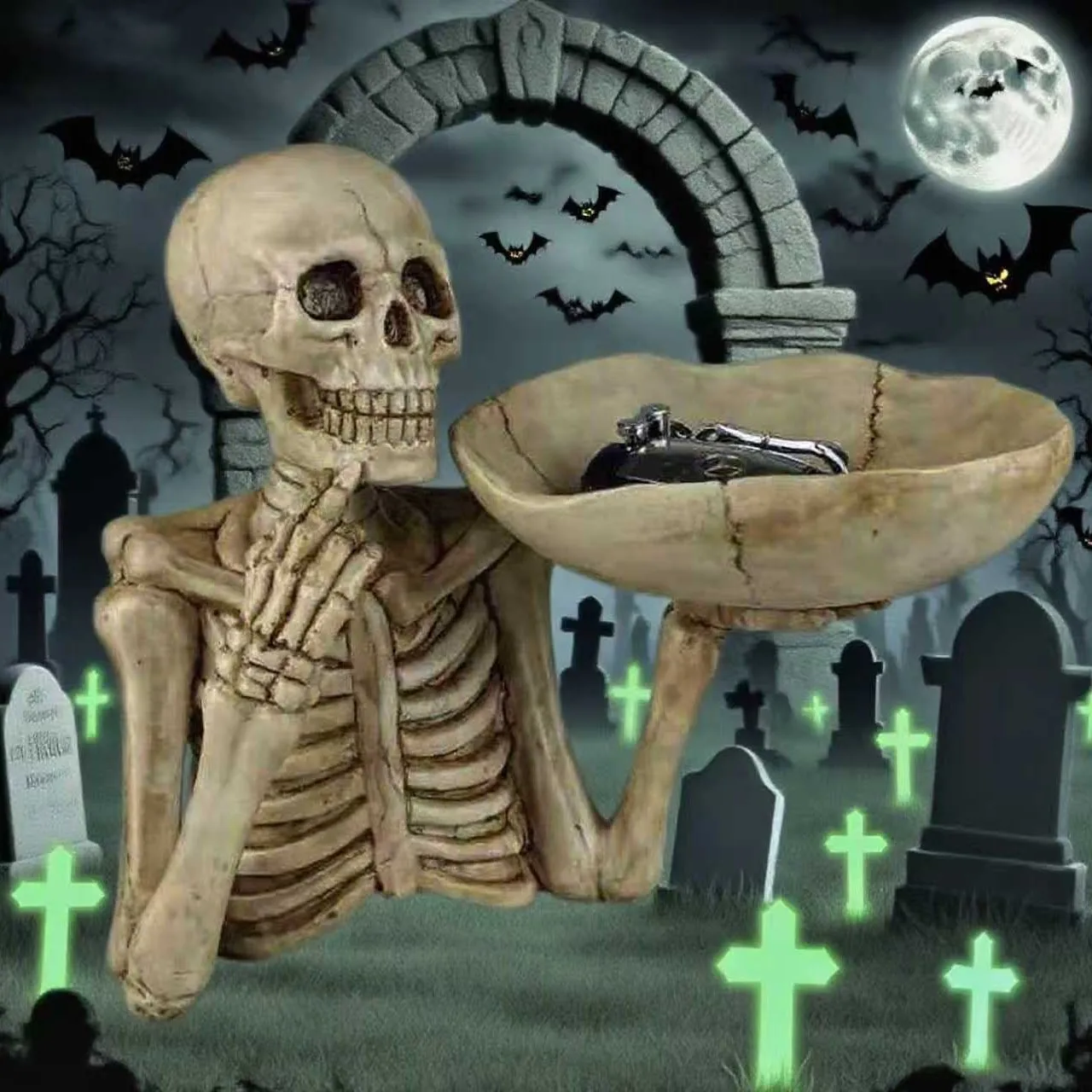 

1PC Halloween Skull Decoration Resin Skull Tray Ornament Festive Party Supplies Home Key Storage Tray Christmas DIY Decorations
