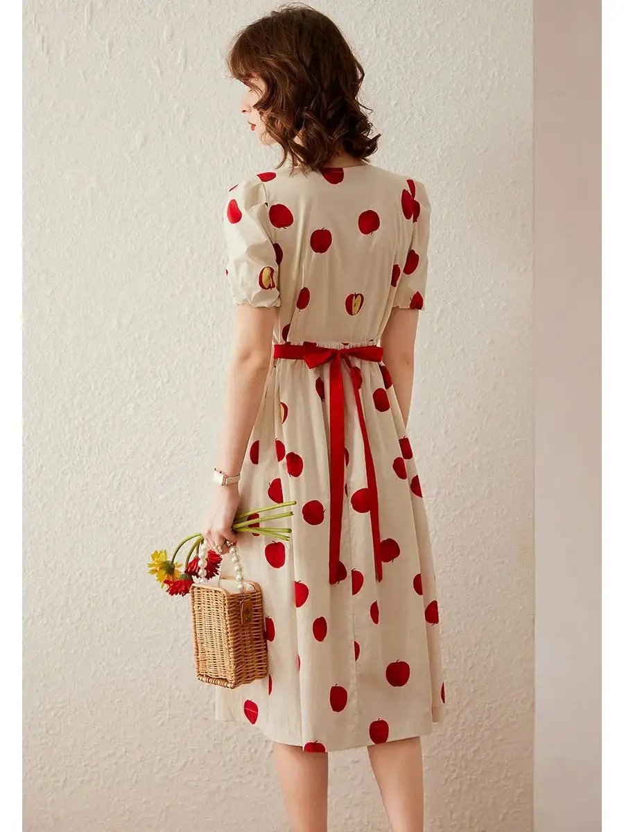 LOUIS YAO Women Dress 2024 Summer New Elegant Print Apple Round Neck Short Sleeve High Waist Puff Sleeve A-line Long Dress