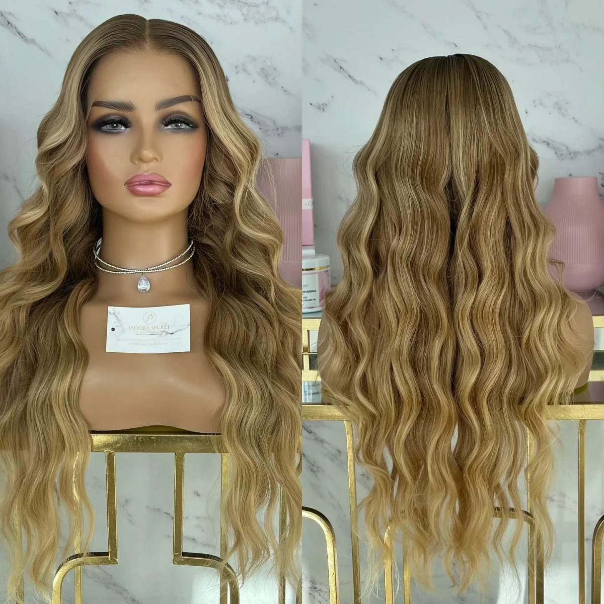 

Мягкие золотистые блондинки, темные парики, длинный волнистый синтетический парик спереди с коричневыми корнями для женщин, сменный повседневный парик высокой плотности