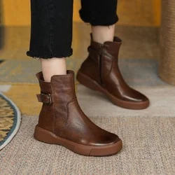 women's short boots 2023 autumn/winter new thick soled casual high top buckle round toe flat bottomed casual boots for women