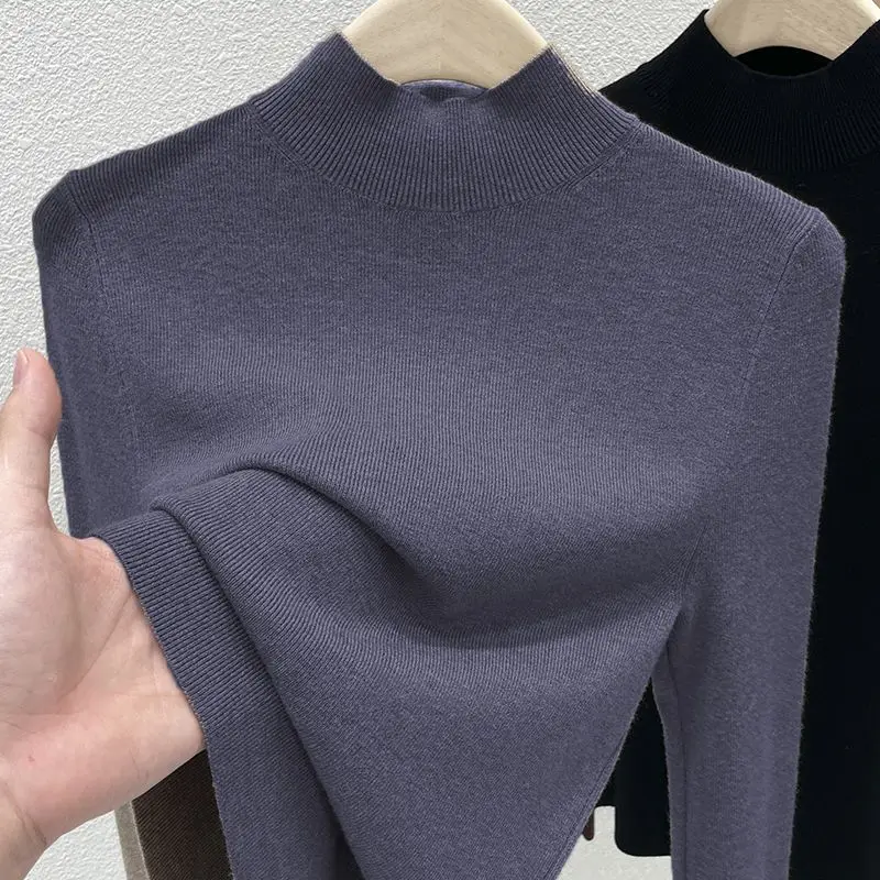 Autumn Winter Base Shirt with a Stylish Interior a Semi High Collar Women\'s Clothing Slim Fit Long Sleeved Mid Neck Design Tops