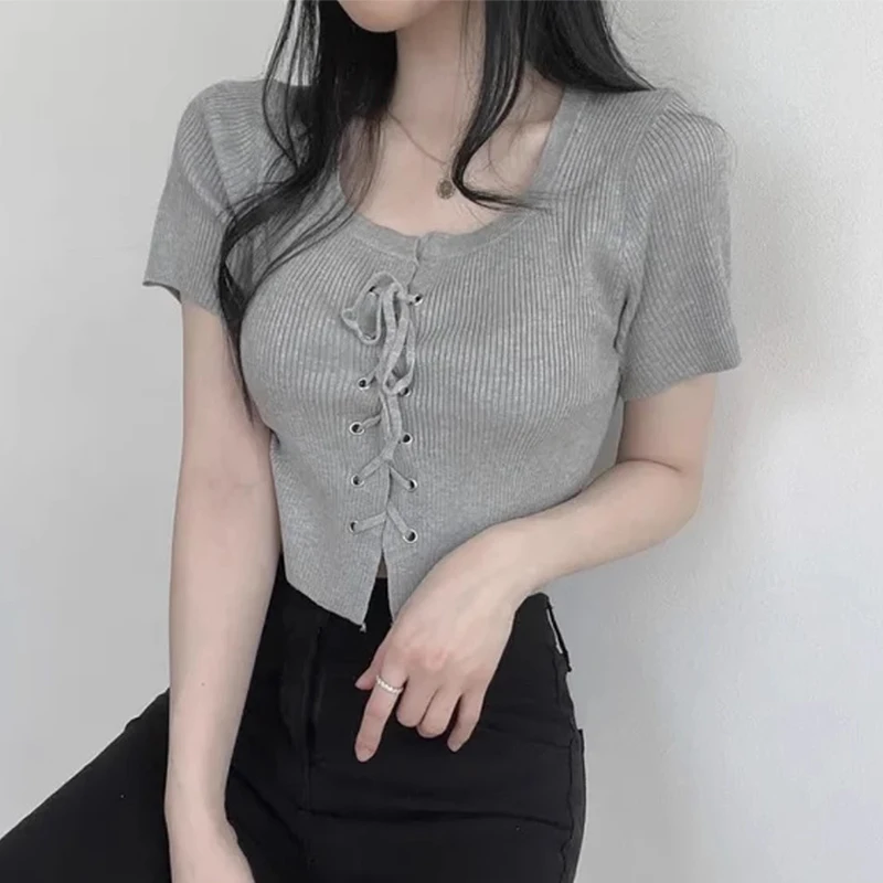 

White Knitted ort Sve Cross-Band Slim Fit Women's T-irt Summer New Sle Navel Commute Sle ort Length