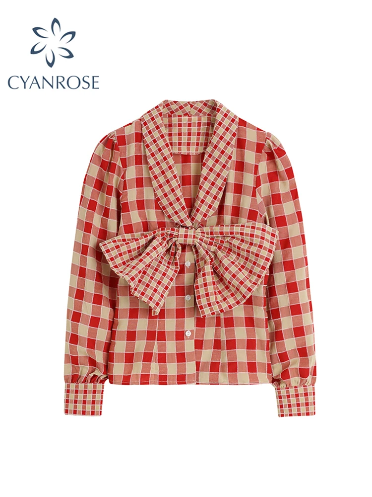 Women\'s Plaid Shirt Blouse Long Sleeve Kawaii Bow Shirt Korean Ladies Tops Clothes Chic Elegant Y2k Vintage Blusas 2023 Summer