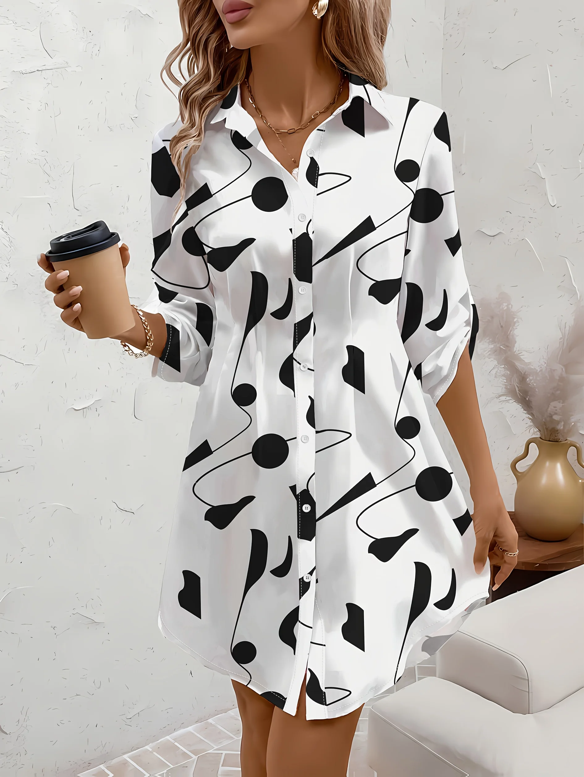 Spring and Autumn Style Casual Style Abstract Black White Geometric Print Lapel Button Long Sleeve Shirt Dress
