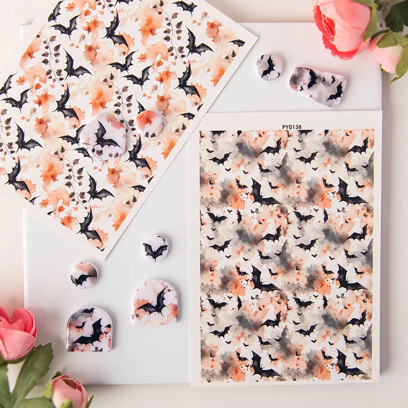 1pc Halloween Bat Polymer Clay Transfer Paper Inking Water Soluble Disposable Sticker DIY Jewelry Pendent Printing Paper Pumpkin