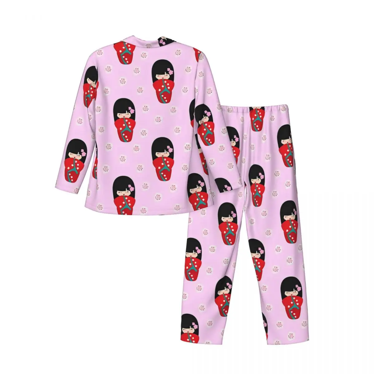 Bonecas japonesas conjuntos de pijama vermelho kokeshi moda pijamas casal mangas compridas casual lazer duas peças casa terno tamanho grande 2xl