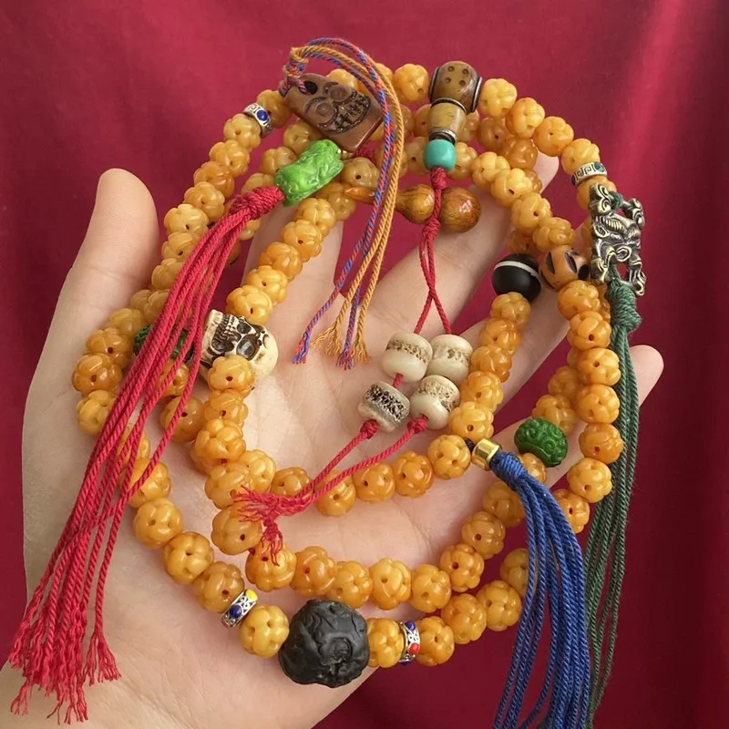 - carved and hollowed-out 108-bead prayer beads multi-strand bracelet Tibetan-style decorative item antique yak b