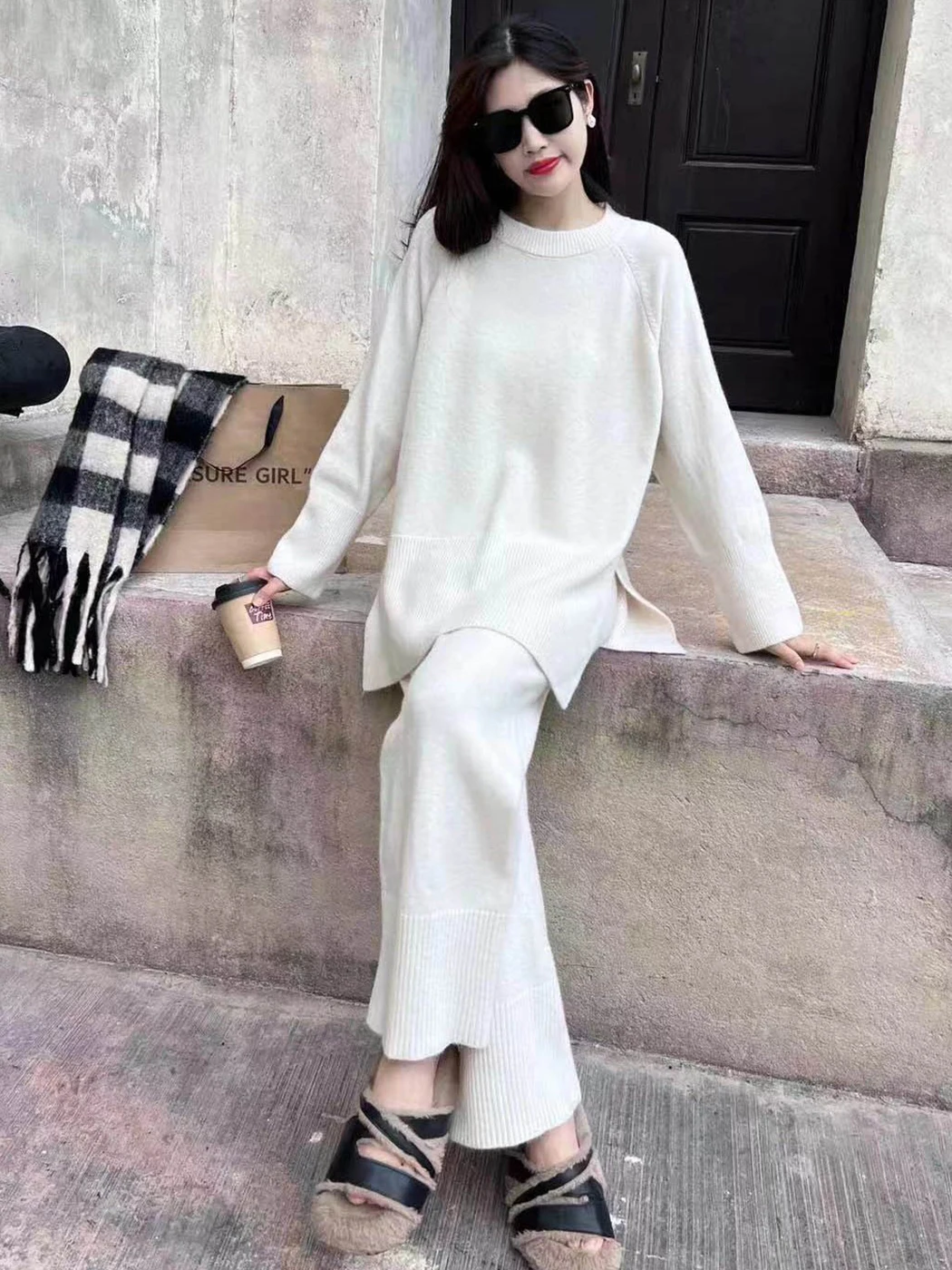 Round Neck Sweater And Long Trouser Two Piece Set Knit Pullover Tops + Wide Leg Pant Sets 2024 Winter Fall Female Clothing