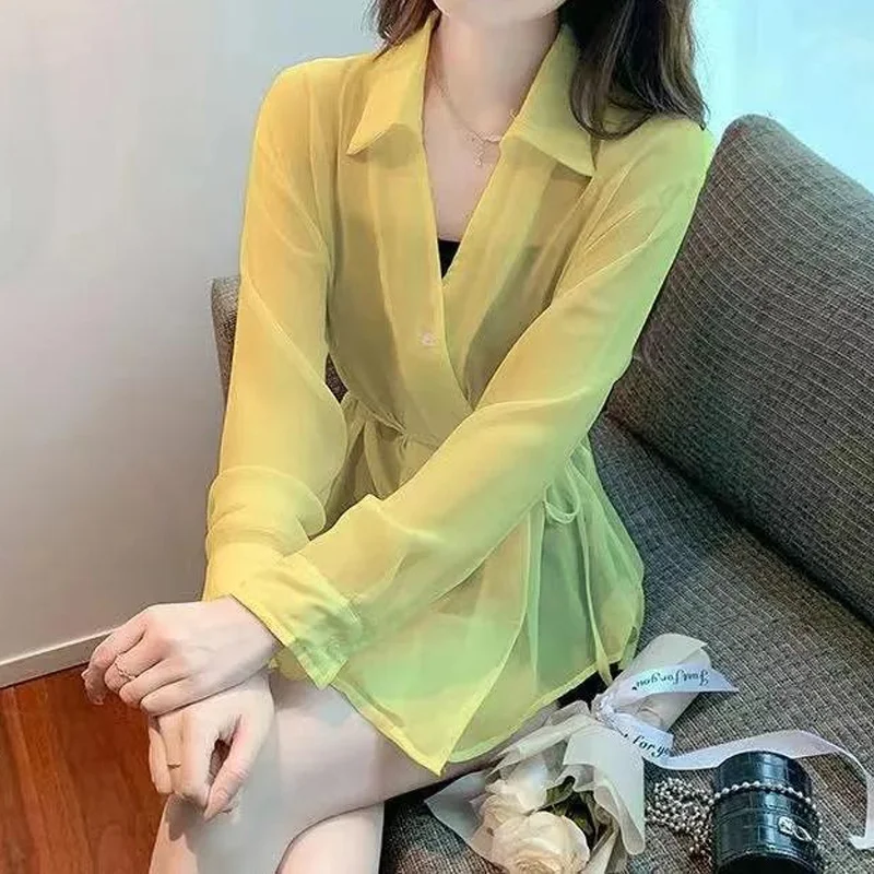 Lacing Perspective Chiffon Shirt Tops Summer New Long Sleeve Loose Thin Net Yarn Casual Cardigan Fashion Korean Women Clothing