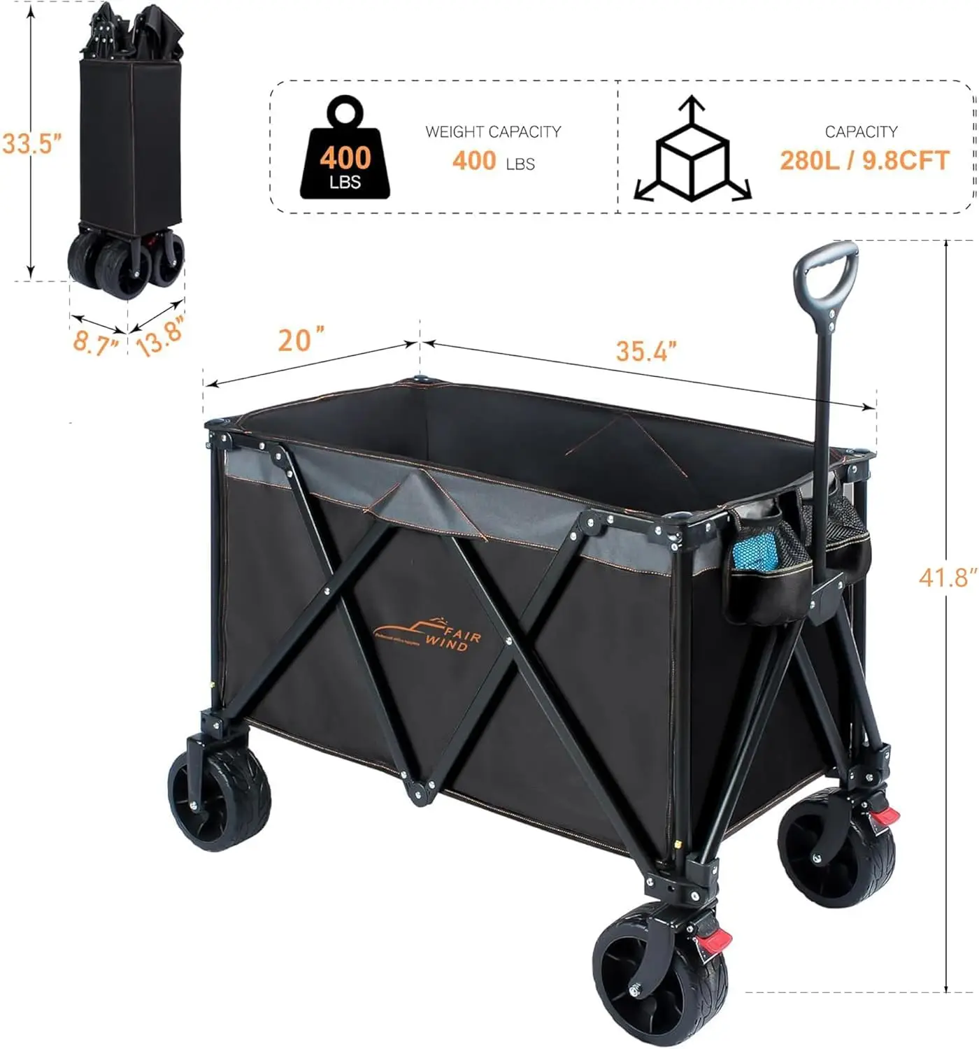 280L Collapsible Foldable Wagon Cart, 400LBS Capacity Extended Height Wagon with Brakes＆Cargo Net, Heavy Duty with Big All-Terra