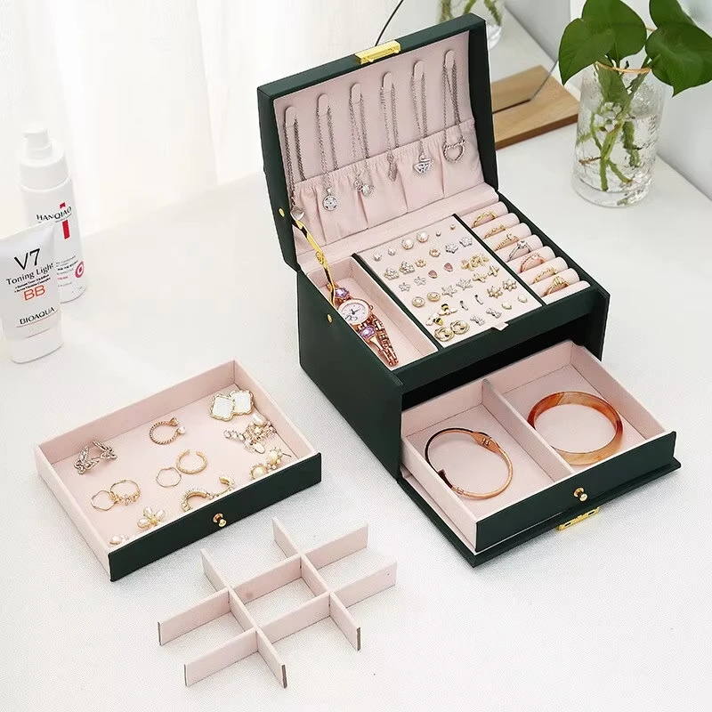 Three Layer Leather Drawer Style Jewelry Box Earrings Finger Ring Necklace Jewelry Box With Lock Jewelry Storage Organizer Box