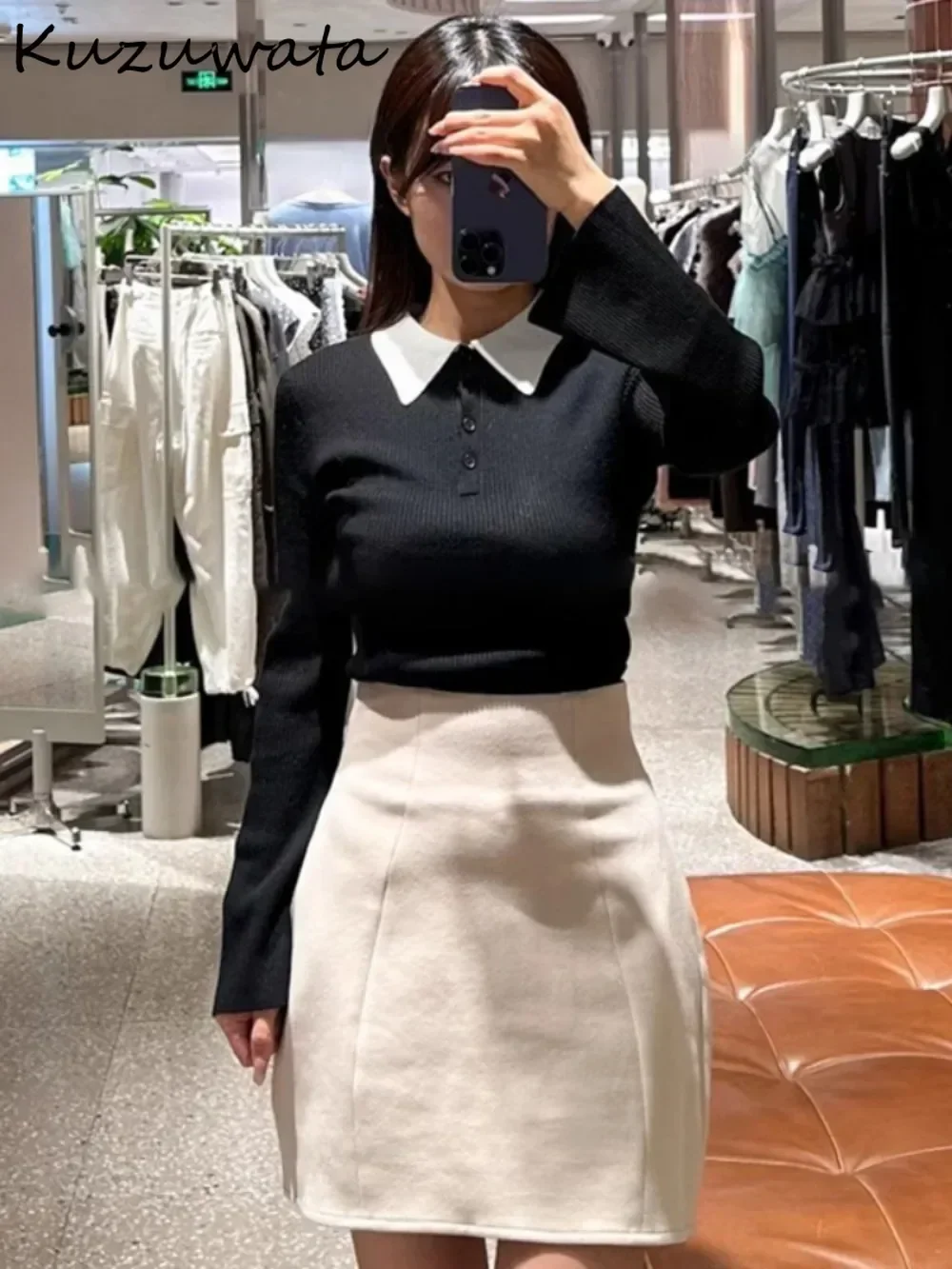 Kuzuwata Simple Slim Fit Turn-down Collar Flare Sleeve Sweaters Knit All-match Solid Pullover Japan New Fresh Fashion Pull Femme