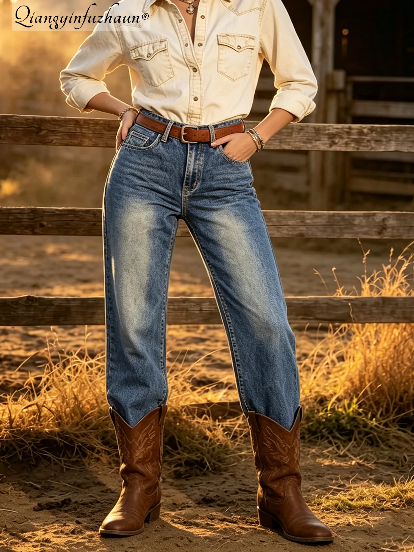 High-waisted jeans / Wide-leg pants / Retro washed denim pants for suits / Straight-leg pants suitable for cowboy boots