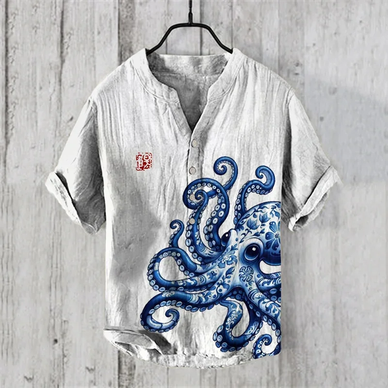 Spring and Summer Fashion Retro Octopus Art 3D Printing Pattern Shirt Men's Casual Shirt Short Sleeve Stand Collar Henry Shirt T