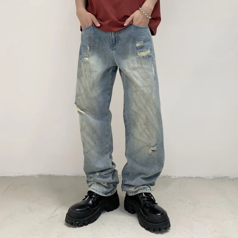 Ripped Men's Jeans Distressed Torn Denim Hand-painted Smart Clothing For Male Baggy Jeans New 2024