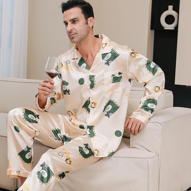 Men's pajamas long sleeves summer ice beautiful home clothes men's spring and autumn casual thin cardigan can wear out two suits