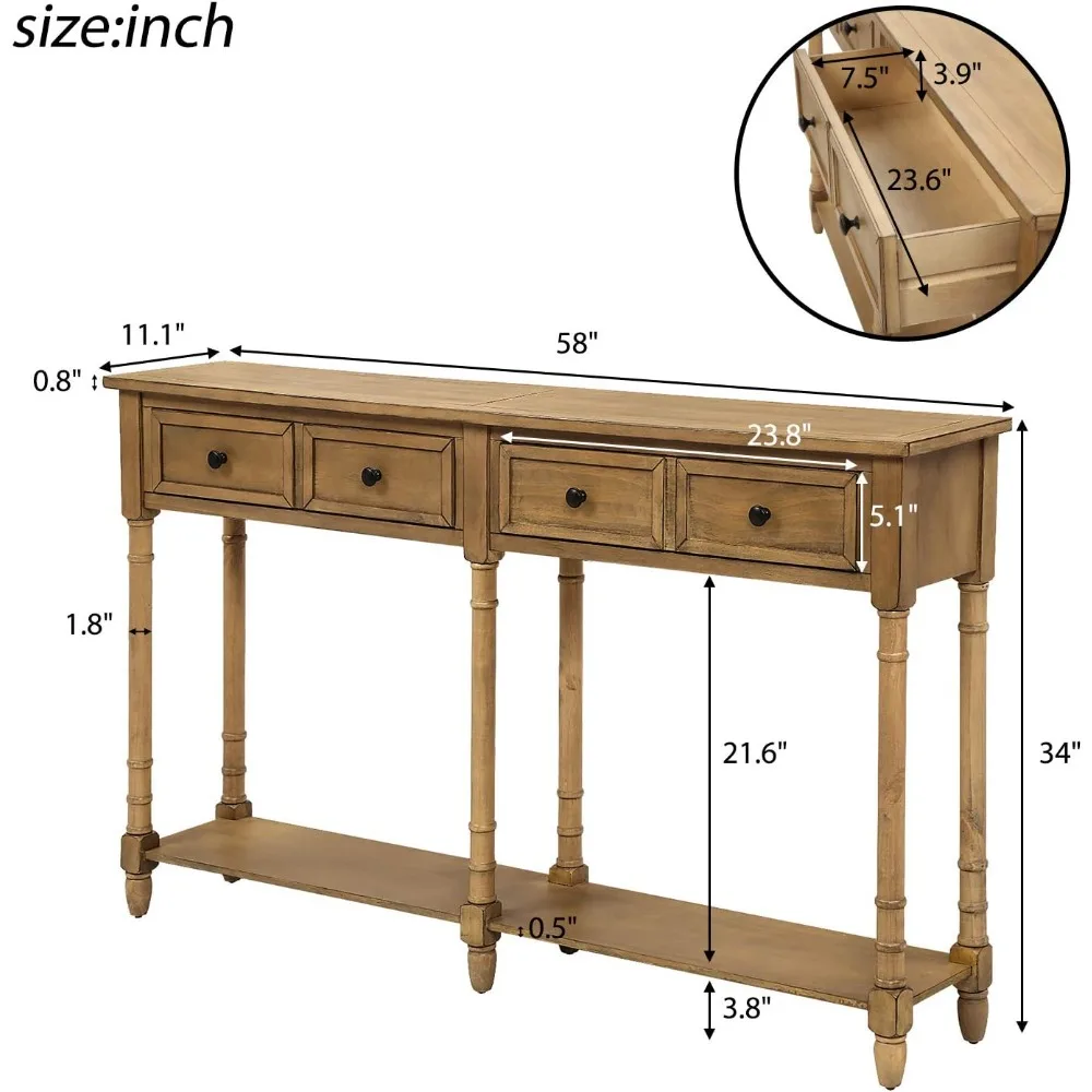 Narrow Long Console Table with 2 Drawers, Solid Wood Sofa Table for Living Room, 2-Tier Entryway Table with Storage Shelf