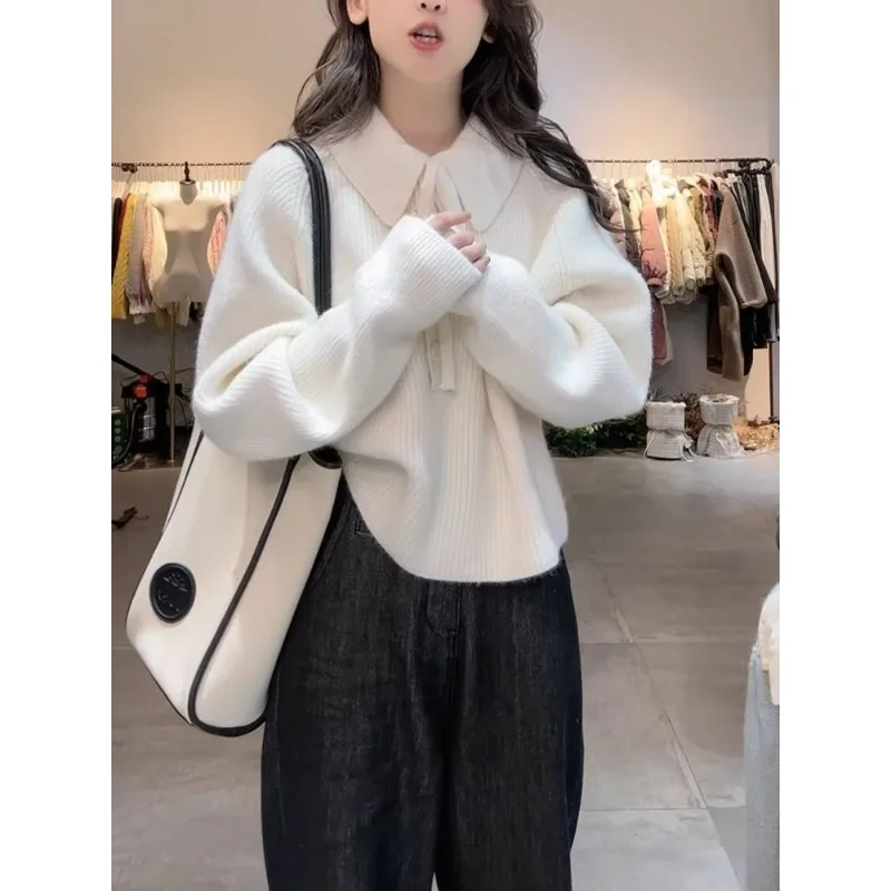 Polo Necklace Sweater Women Winter Loose Loose Knitted Top