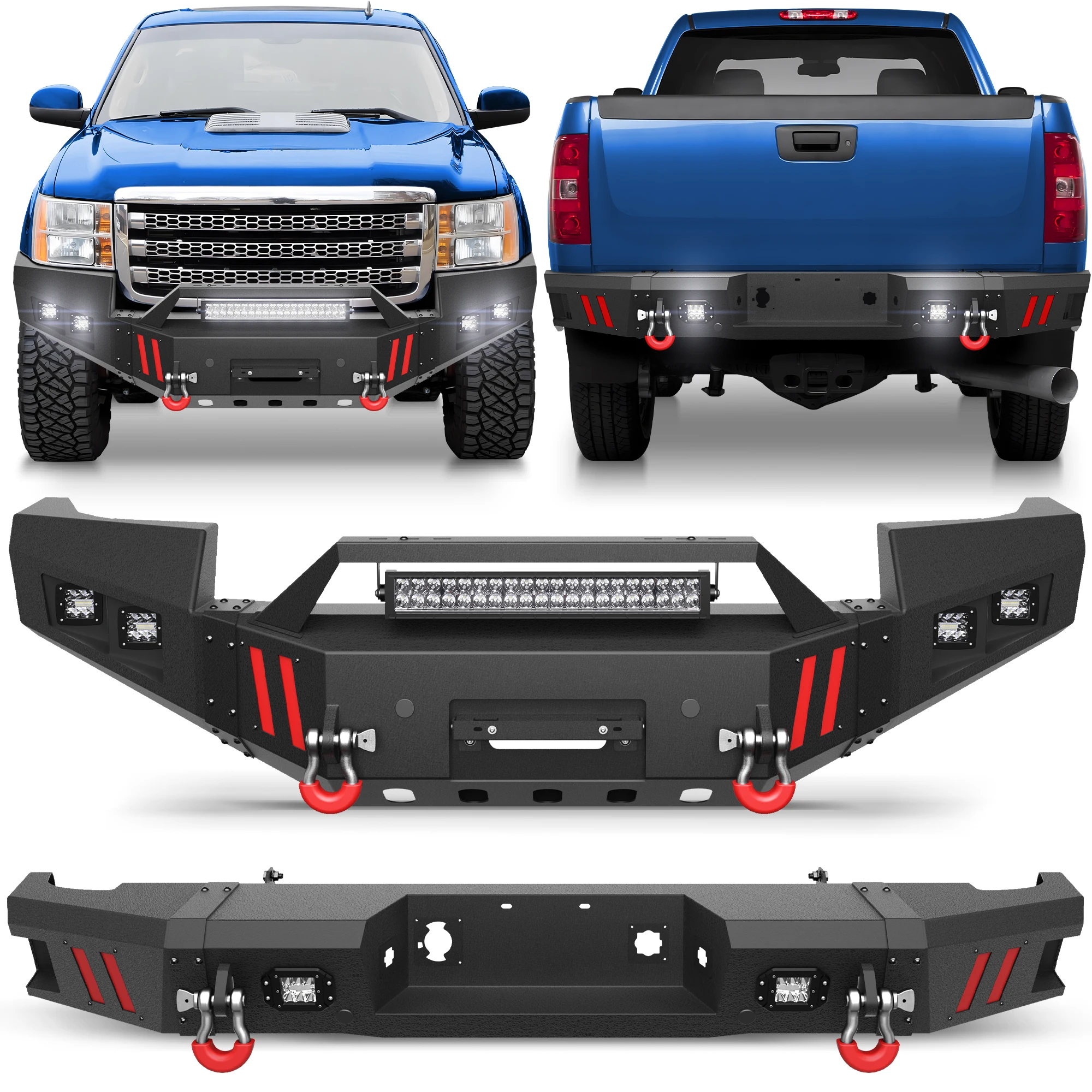 ULON High Quality Front/ Rear Bumper Compatible With 2011-2014 GMC Sierra 2500/3500 With Winch Plate, LED Light Bar And D-Rings