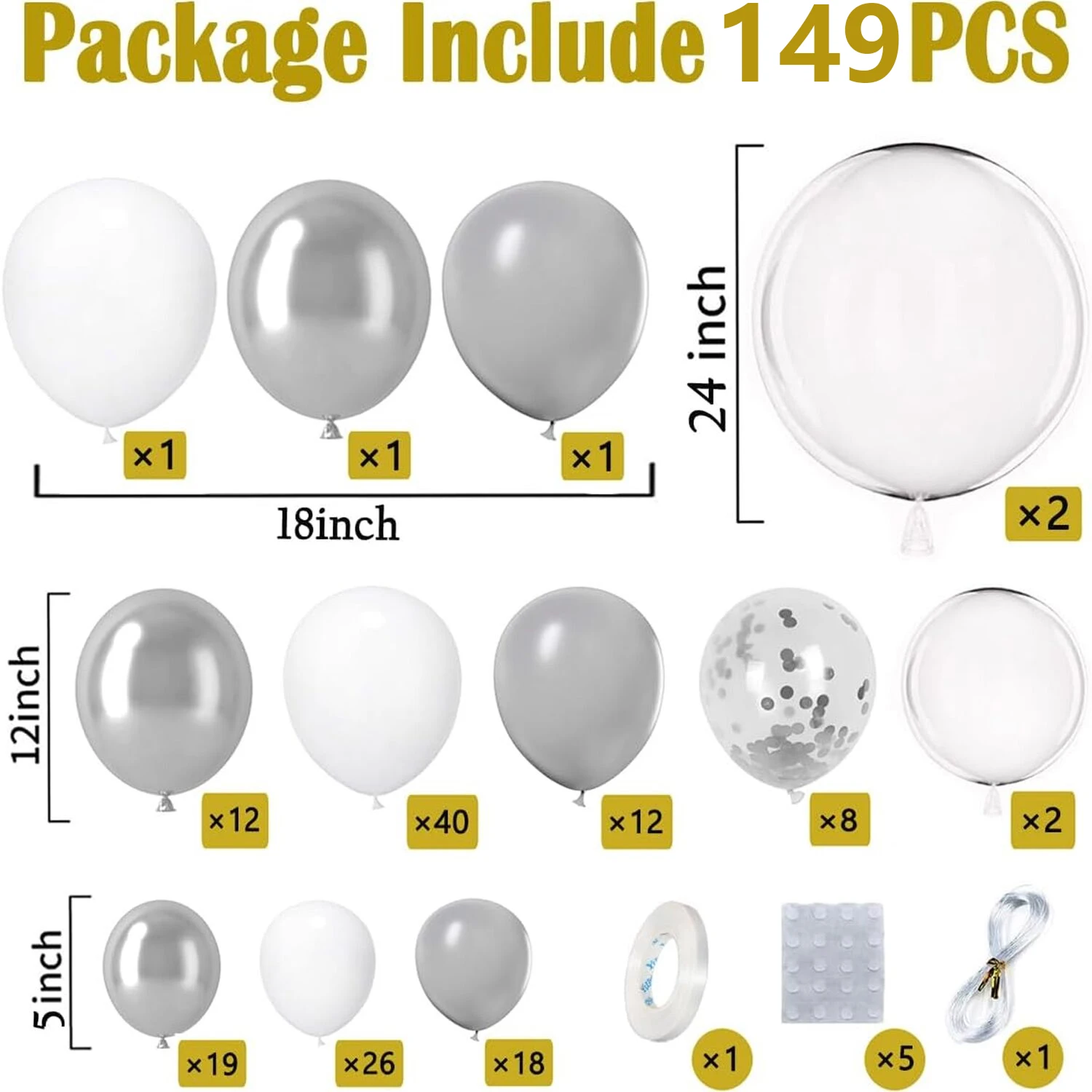 مجموعة قوس البالونات المكونة من 149 قطعة باللون الرمادي الفضي مناسبة لحفلات أعياد الميلاد وحفلات الزفاف وديكورات استحمام الطفل