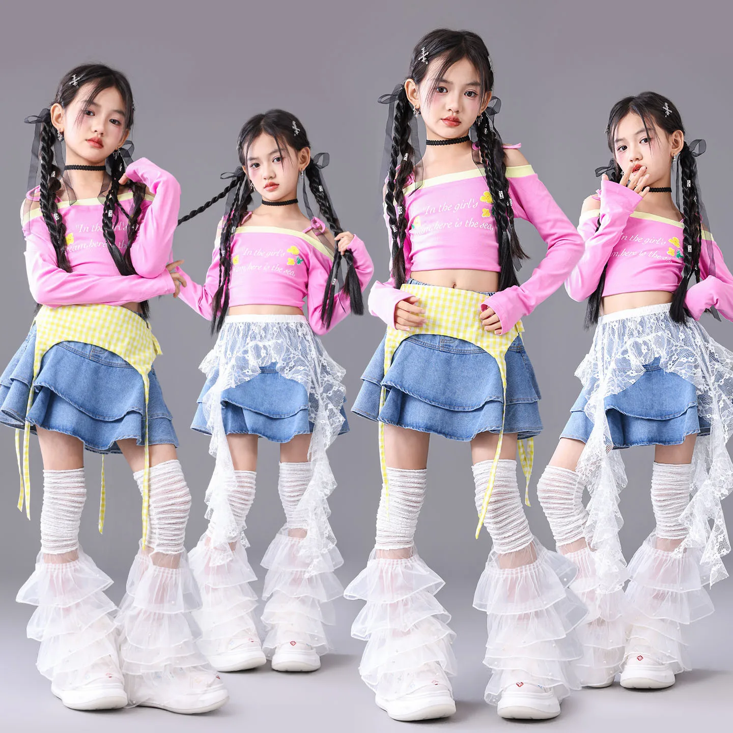 Kid Kpop Hip Hop Clothing Pink Boat Neck Crop T Shirt Denim Blue Layer Skirt Ripped Jeans Pants for Girls Dance Costumes Clothes