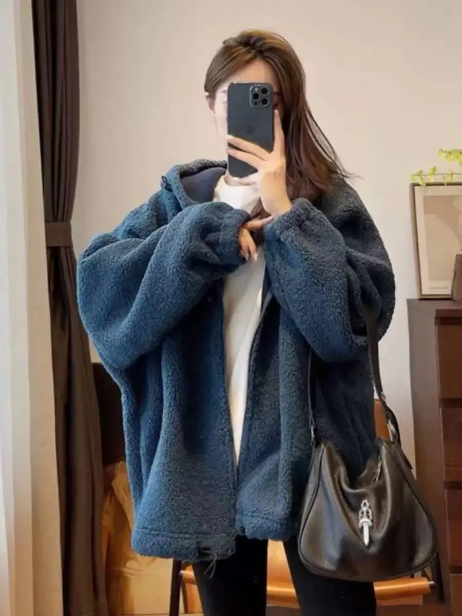 Abrigo de lana de cordero para mujer, cárdigan grueso de lana con capucha holgada, suéter, chaqueta, otoño e invierno