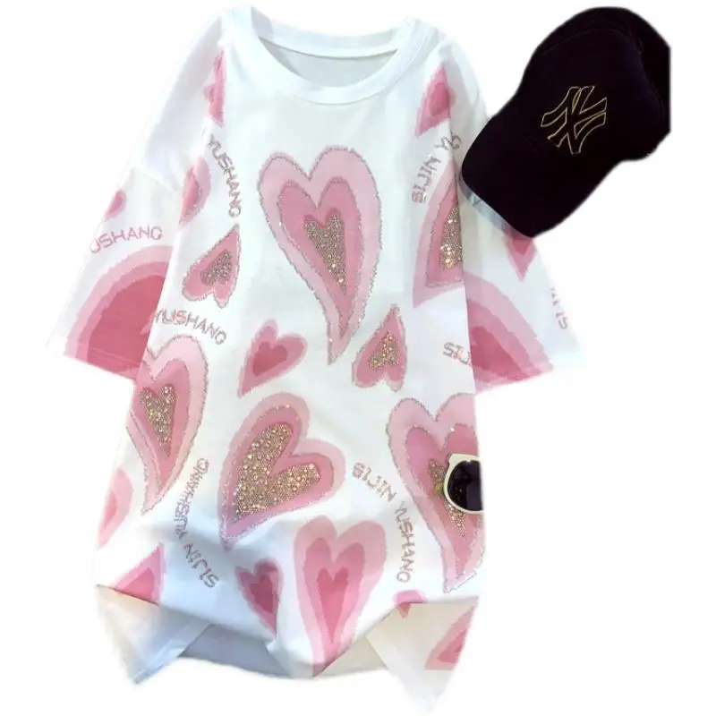 Camiseta holgada de talla grande 300 Pou Heavy Du con diamantes de imitación y corazón ort Sve para mujer, novedad de verano, camiseta versátil de longitud media Sle