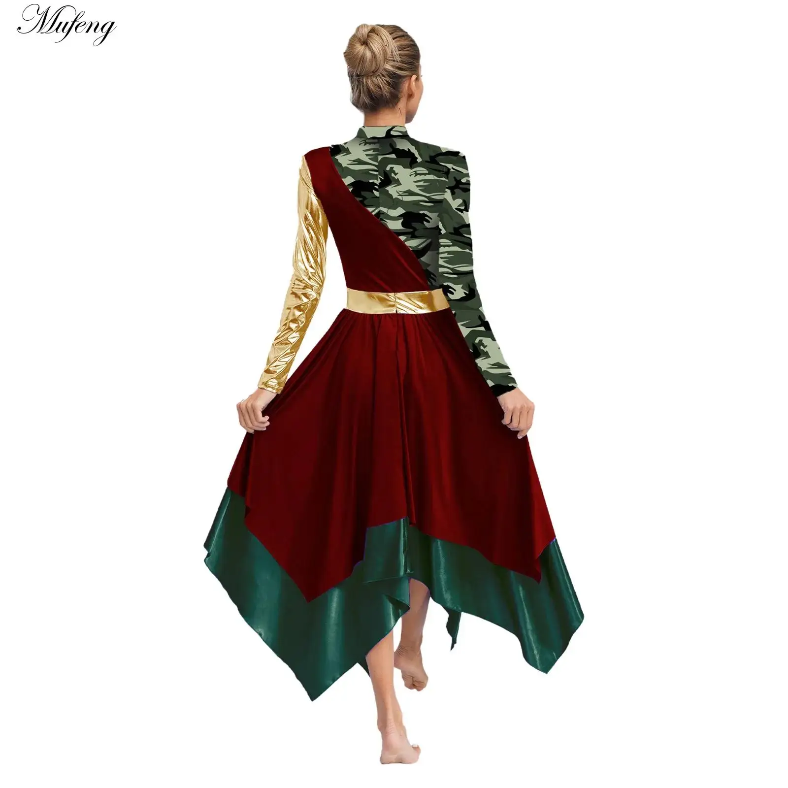 

Женское литургическое платье для хорового танца с камуфляжным принтом, длинными рукавами, асимметричным подолом, макси-платье, блестящая ткань с металлическим эффектом, одежда для танцев и молитв