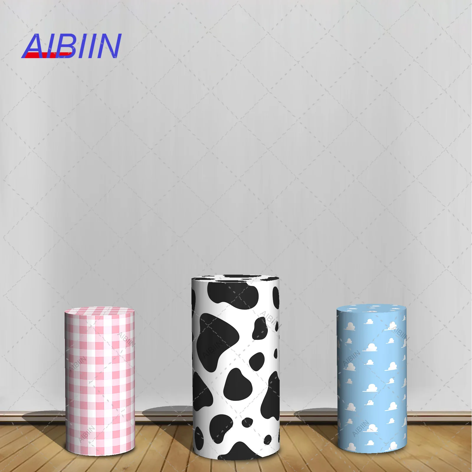 

Farm Cow Texture Cylinder Backdrop Cover Pink Yellow Checker Blue Sky White Cloud Birthday Baby Shower Pedestal Column Cover