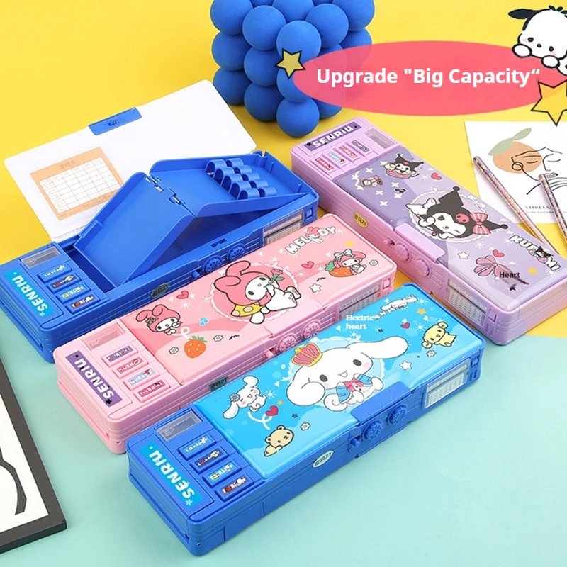 sanrio multi funcional large capacidade pencil box kuromi melody papelaria caixa senha de bloqueio presente infantil novo 01