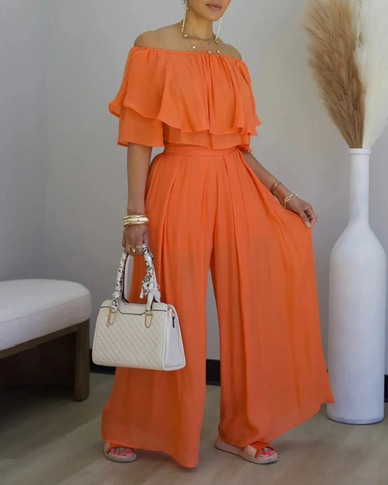 

Summer 2 Pieces Outfit for Women Fashion Sets Female Off Shoulder Ruffles Crop Blouses & Casual High Waist Wide Leg Pants Set